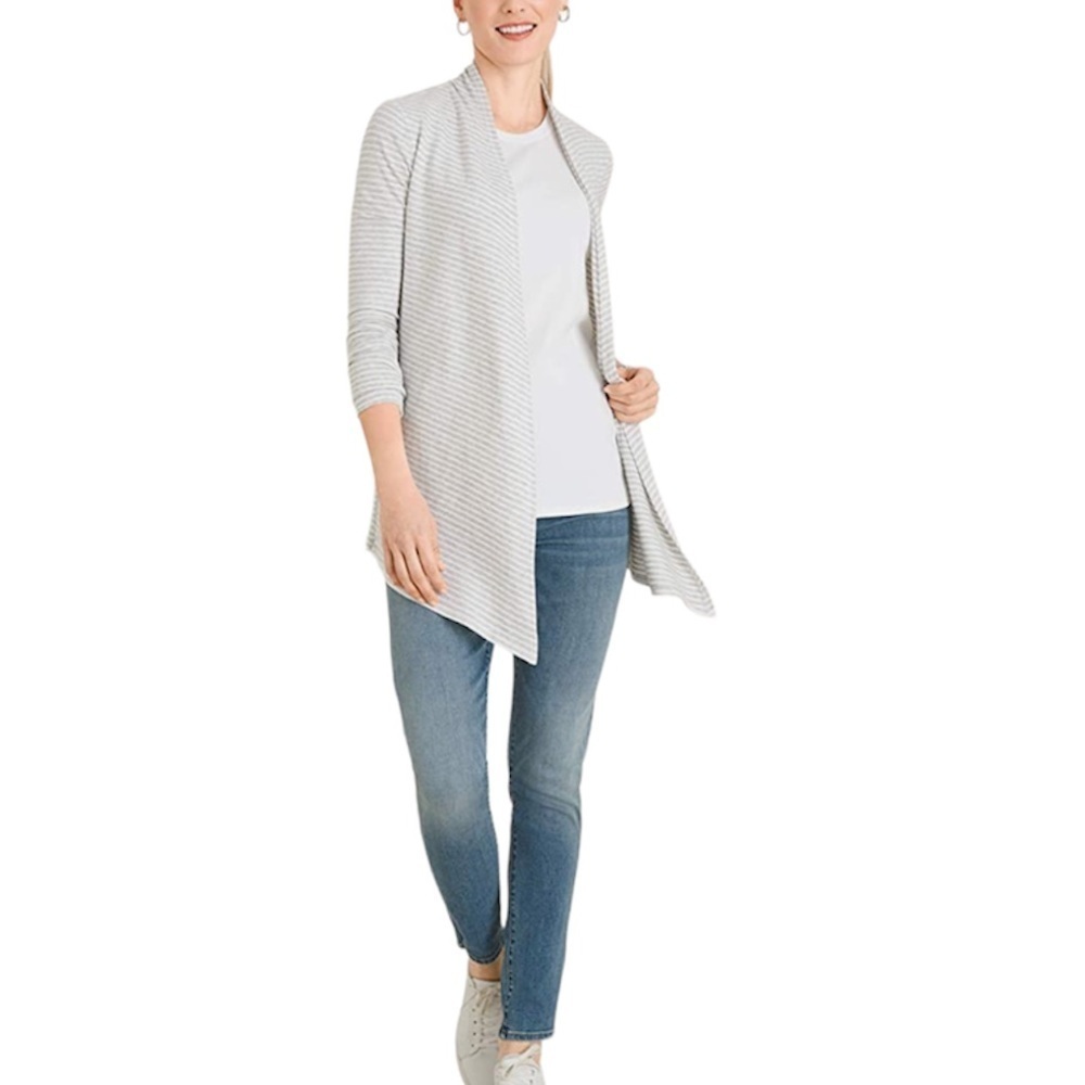 NWT Chico’s Zenergy Stripe Rib Mix Cardigan SZ L Heather Gray Soft and Stretchy